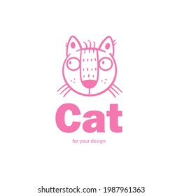 Cute doodle cat emblem. Funny vector character. Line art animal print.
