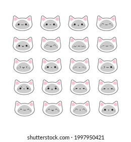 Cute doodle cat emoticons with facial expressions. Japanese anime style emotion cat faces and kawaii emoji icons vector set.