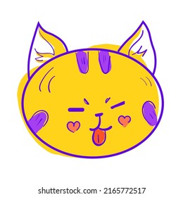 Cute doodle cat face illustration. Animal vector icon. Black line art with yellow and purple color on white background.
