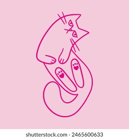 Cute doodle cat with funny grumpy face. Hand drawn outline lying on its back kitty. Fluffy playful cartoon character for t-shirt print, decorations.