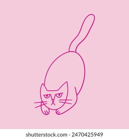 Cute doodle cat with funny grumpy face. Hand drawn outline hunting kitty. Fluffy playful cartoon character for t-shirt print, decorations.