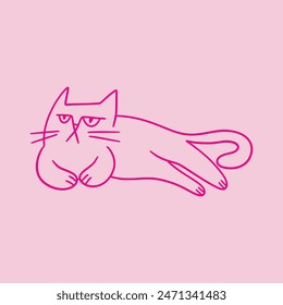 Cute doodle cat with funny grumpy face. Hand drawn outline lying kitty. Fluffy playful cartoon character for t-shirt print, decorations.