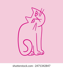 Cute doodle cat with funny grumpy face. Hand drawn outline sitting kitty. Fluffy playful cartoon character for t-shirt print, decorations.