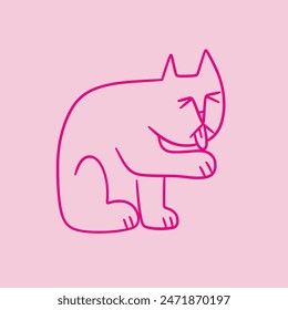 Cute doodle cat with funny grumpy face. Hand drawn outline kitty grooming itself. Fluffy playful cartoon character for t-shirt print, decorations.