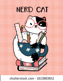 Cute doodle cat  with glasses sit in pencil mug on book, cat vector cartoon illustration idea for print sublimation, sticker and planner and kid stuff