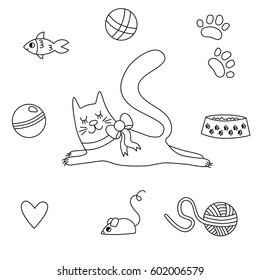 Cute doodle cat and  his toys drawing black and white vector set