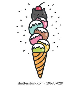 cute doodle cat ice cream