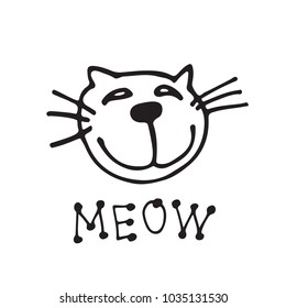 Cute doodle cat isolated on white background. Child drawing style. Design elements for textile print, fun greeting cards and kids coloring.