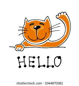 Cute doodle cat isolated on white background. Child drawing style. Design elements for textile print, fun greeting cards and kids coloring.