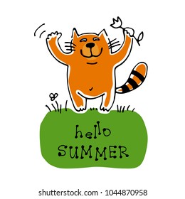 Cute doodle cat isolated on white background. Child drawing style. Design elements for textile print, fun greeting cards and kids coloring.