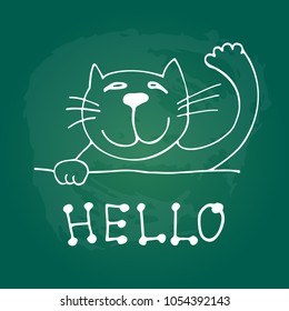 Cute doodle cat isolated on green chalkboard background. Child drawing style.