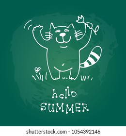 Cute doodle cat isolated on green chalkboard background. Child drawing style.