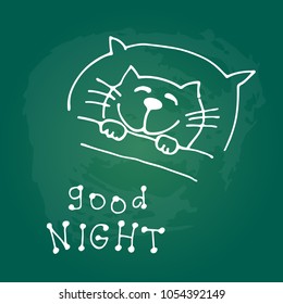 Cute doodle cat isolated on green chalkboard background. Child drawing style.