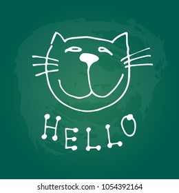 Cute doodle cat isolated on green chalkboard background. Child drawing style.