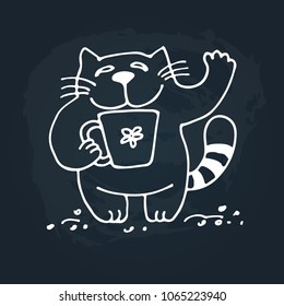 Cute doodle cat isolated on chalkboard background. Child drawing style.