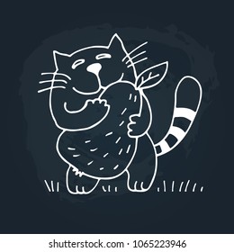 Cute doodle cat isolated on chalkboard background. Child drawing style.