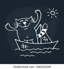 Cute doodle cat isolated on chalkboard background. Child drawing style.