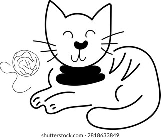 Cute Doodle Cat Lying on Belly with Ball of Yarn Vector Illustration.