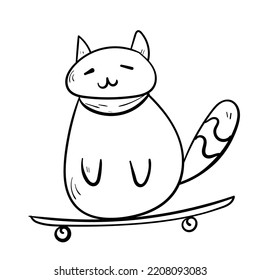 Cute Doodle Cat On Skateboard. Animal Pet Icon. Black Line Art On White Background.