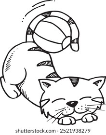 cute doodle cat playing ball hand drawn sketch