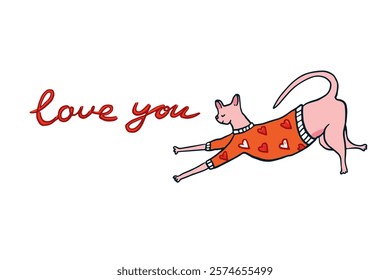 Cute doodle cat and text love you. Vector illustration.