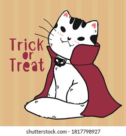 Cute Doodle Cat Vampire Costume Trick Or Treat Halloween Cartoon Clip Art Flat Vector, Idea For Greeting Card, Printable Card, Wall Art, Sublimation, Cricut Sticker