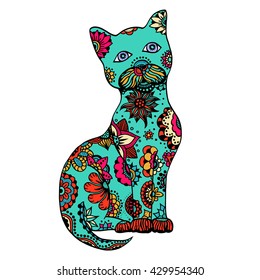 Cute doodle cat. Vector hand drawn cat with doodle ornament. Spring cat design for kids. Isolated.