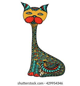Cute doodle cat. Vector hand drawn cat with doodle ornament. Spring cat design for kids. Isolated.