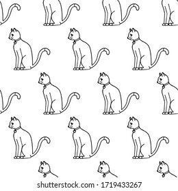 Cute doodle cat vector seamless pattern on white background. Black and white hand-drawn print. Design for textile