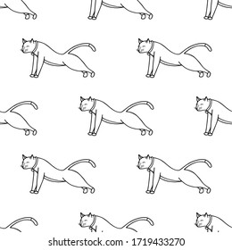 Cute doodle Katze Vektor nahtloses Muster auf weißem Hintergrund. Schwarzweiß, handgezeichnet. Design für Textilien