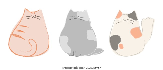 Cute doodle cat vector set. Drawing style. Orange, gray, calico cats. Illustration.