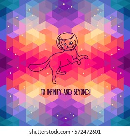 cute doodle cat-astronauts floating on geometrical background, funky colors, set of vector illustration