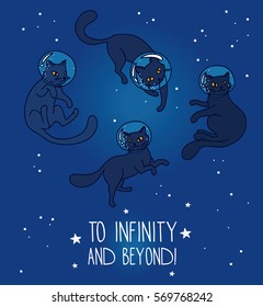 cute doodle cat-astronauts floating in space, deep blue color, set of vector illustration