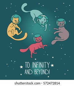 cute doodle cat-astronauts floating in space, funky colors, set of vector illustration