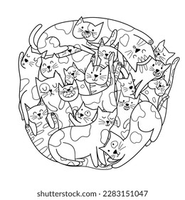 Cute doodle cats circle shape coloring page. Doodle mandala with funny feline animals for coloring book. Outline background. Vector illustration