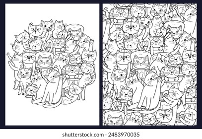 Cute doodle cats coloring pages set. Black and white templates bundle with funny feline characters. Outline background. Vector illustration