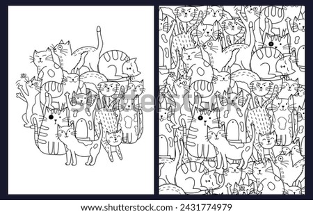 Cute doodle cats coloring pages set. Black and white templates with funny feline characters. Outline background. Vector illustration [[stock_photo]] © 