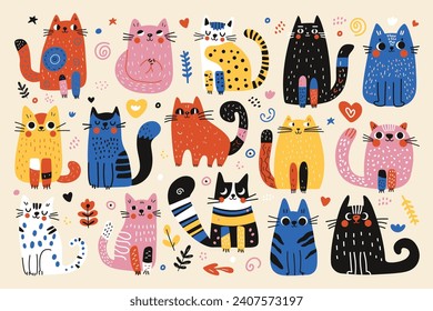 Cute doodle cats. Funny abstract cat or kitten characters different poses, flat colored naive art, simple hand drawn style. Vector set