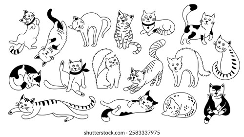 Cute doodle cats. Funny kitten animal characters with different cat poses and emotions, hand drawn childish outline cat animals. Vector kittens isolated set.