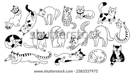Cute doodle cats. Funny kitten animal characters with different cat poses and emotions, hand drawn childish outline cat animals. Vector kittens isolated set.