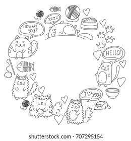 Cute doodle cats, kitty Domestic cats Vector sets with cute kittens for pet shop, cattery, veterinary clinic Doodle pattern for banner, poster, textile Children kids drawing for kindergarten