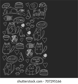 Cute doodle cats, kitty Domestic cats Vector sets with cute kittens for pet shop, cattery, veterinary clinic Doodle pattern for banner, poster, textile Children kids drawing for kindergarten