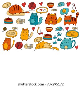 Cute doodle cats, kitty Domestic cats Vector sets with cute kittens for pet shop, cattery, veterinary clinic Doodle pattern for banner, poster, textile Children kids drawing for kindergarten