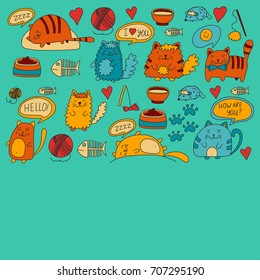 Cute doodle cats, kitty Domestic cats Vector sets with cute kittens for pet shop, cattery, veterinary clinic Doodle pattern for banner, poster, textile Children kids drawing for kindergarten