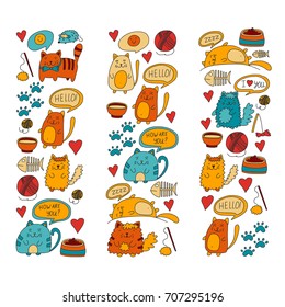 Cute doodle cats, kitty Domestic cats Vector sets with cute kittens for pet shop, cattery, veterinary clinic Doodle pattern for banner, poster, textile Children kids drawing for kindergarten