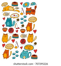 Cute doodle cats, kitty Domestic cats Vector sets with cute kittens for pet shop, cattery, veterinary clinic Doodle pattern for banner, poster, textile Children kids drawing for kindergarten