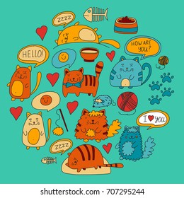 Cute doodle cats, kitty Domestic cats Vector sets with cute kittens for pet shop, cattery, veterinary clinic Doodle pattern for banner, poster, textile Children kids drawing for kindergarten