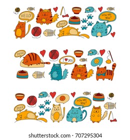 Cute doodle cats, kitty Domestic cats Vector sets with cute kittens for pet shop, cattery, veterinary clinic Doodle pattern for banner, poster, textile Children kids drawing for kindergarten