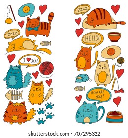 Cute doodle cats, kitty Domestic cats Vector sets with cute kittens for pet shop, cattery, veterinary clinic Doodle pattern for banner, poster, textile Children kids drawing for kindergarten