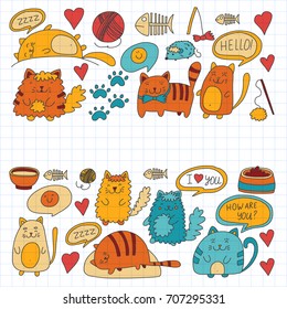 Cute doodle cats, kitty Domestic cats Vector sets with cute kittens for pet shop, cattery, veterinary clinic Doodle pattern for banner, poster, textile Children kids drawing for kindergarten